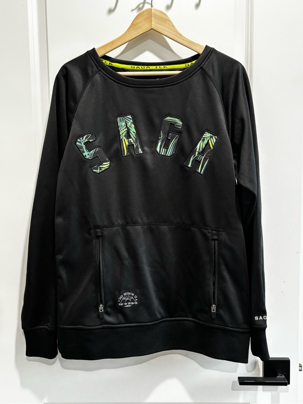 SAGA Men's Black Crewneck Sweater with Green Graphic Detail